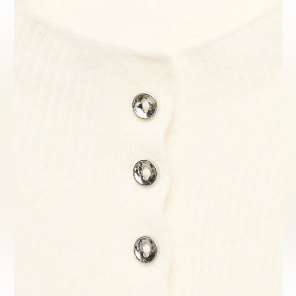 Mango XL Ivory Fine Knit Ribbed Mock Neck Mini Button Front Wool Blend Cardigan - Picture 6 of 16